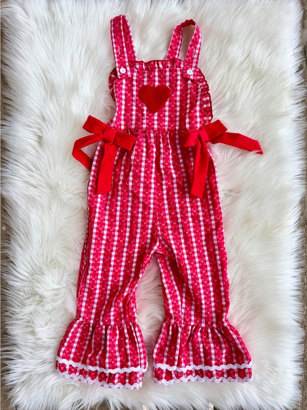 Red Gingham Heart Jumper Overalls - Kids